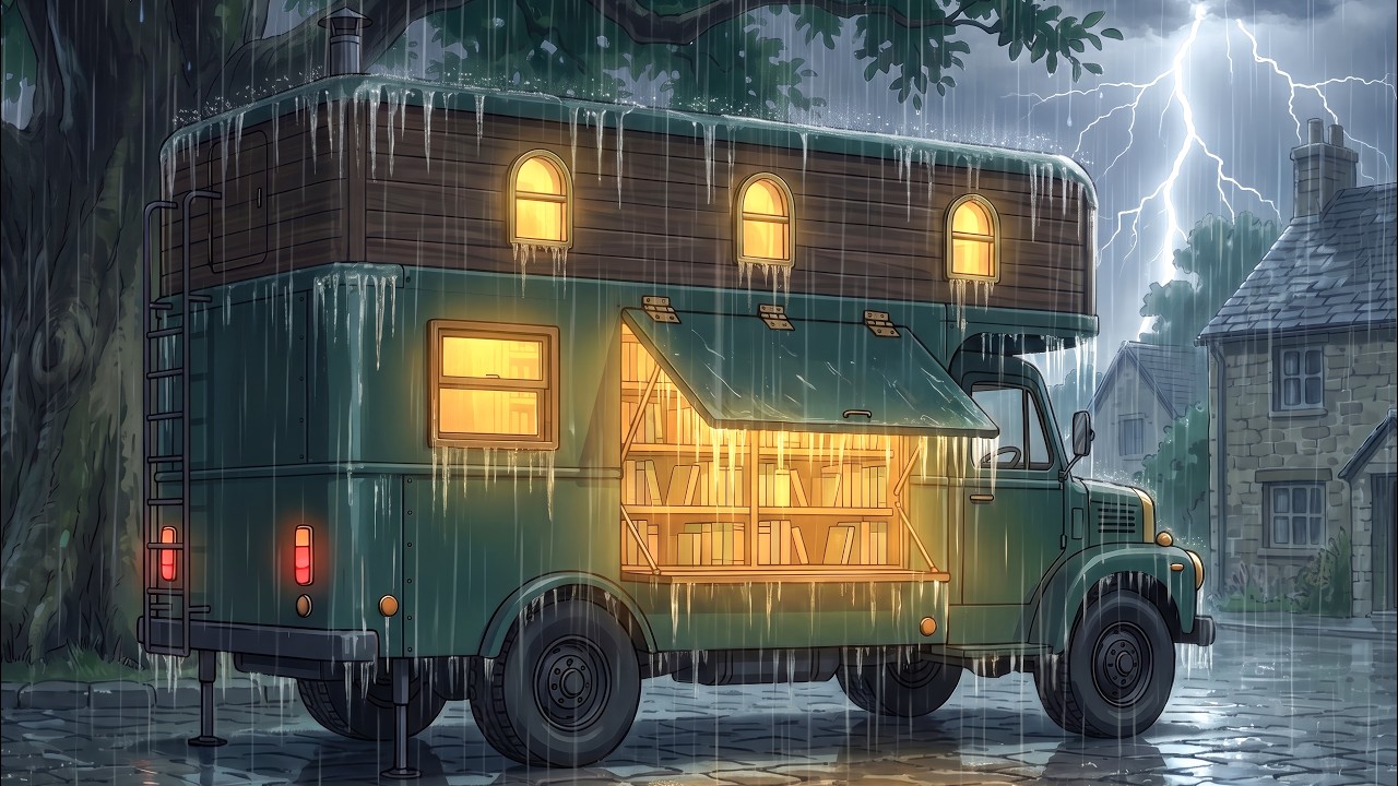 A Double-Decker Bookshop Bus Home in Heavy Rain | Sage Tea & Cheese Potato Pie | Ghibli Style ASMR
