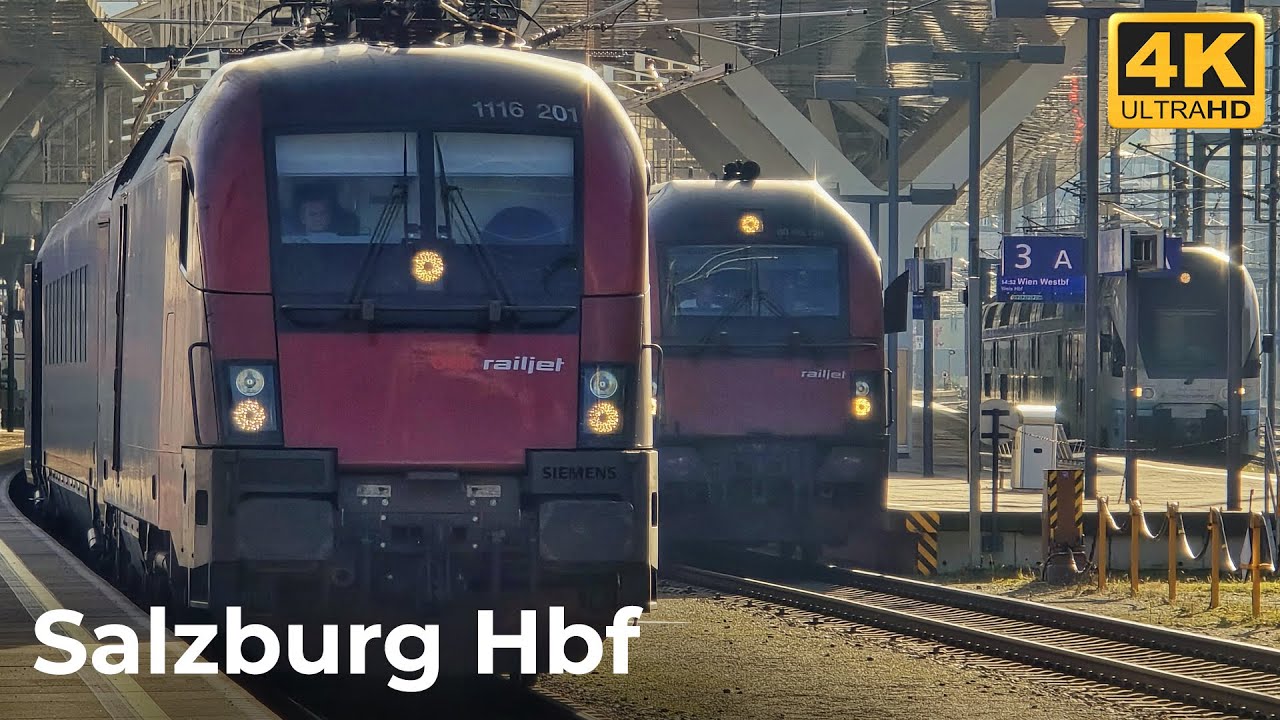 Salzburg Hauptbahnhof - 01.11.2024: Strahlender Sonnenschein und Zugverkehr im Herzen Salzburgs