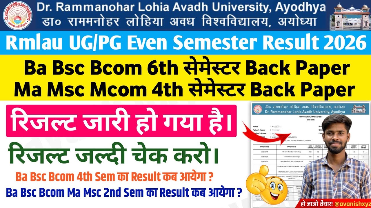 rmlau back paper result 2026 kaise check kare rmlau ug pg supplementary result 2026 new update
