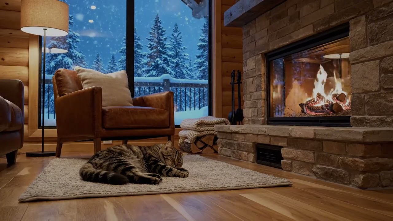 Peaceful Winter Night Indoors with Fireplace & Gentle Cat Purring for Relaxing Sleep