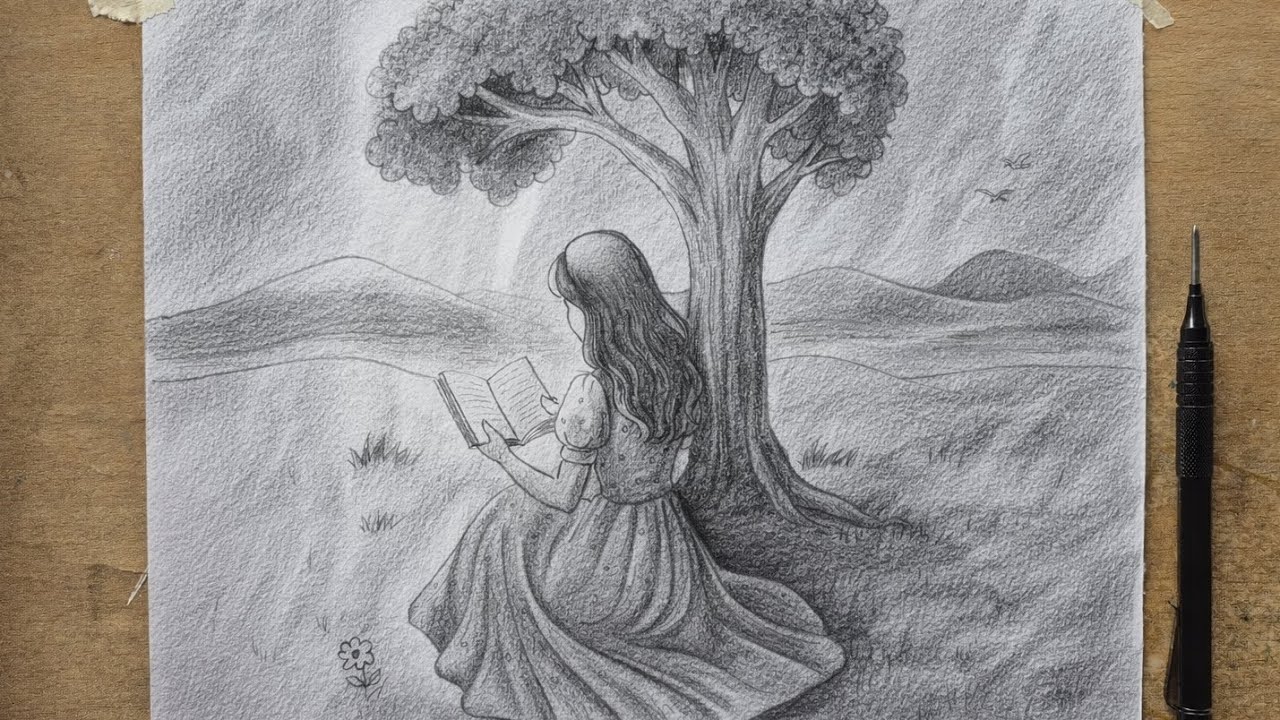 Girl Reading Book Under Tree | Peaceful Pencil Sketch ✏️ #drawing #female #tree 