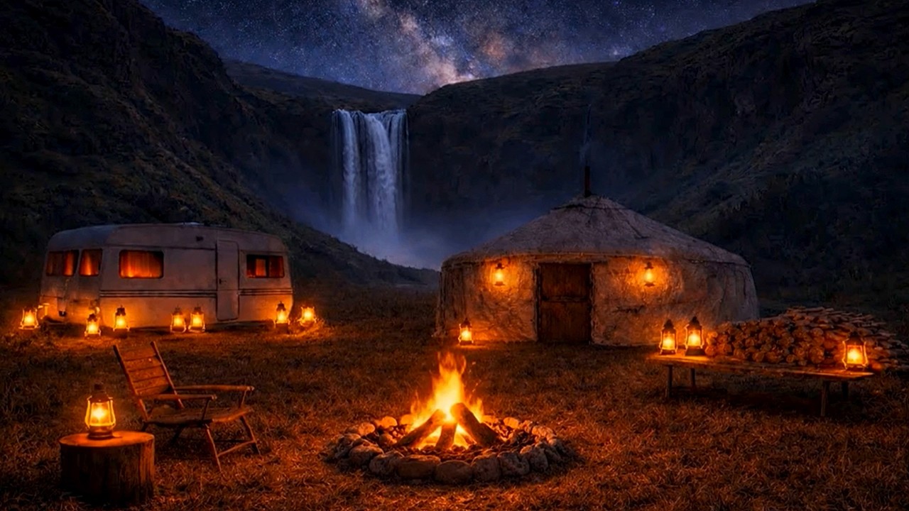 MOUNTAIN CAMPFIRE UNDER THE MILKYWAY | RELAXATION & FOCUS - Gentle Waterfall Sounds - Stress Relief