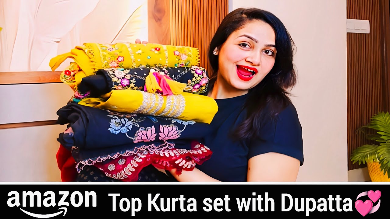 Amazon Kurta Set Haul, Embroidered Kurta Pant With Dupatta Set, Cotton Kurta Palazzo