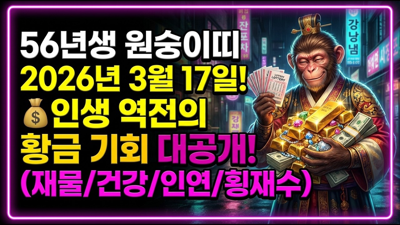 56년생 원숭이띠 2026년 3월 17일! 💰인생 역전의 황금 기회 대공개! (재물/건강/인연/횡재수)