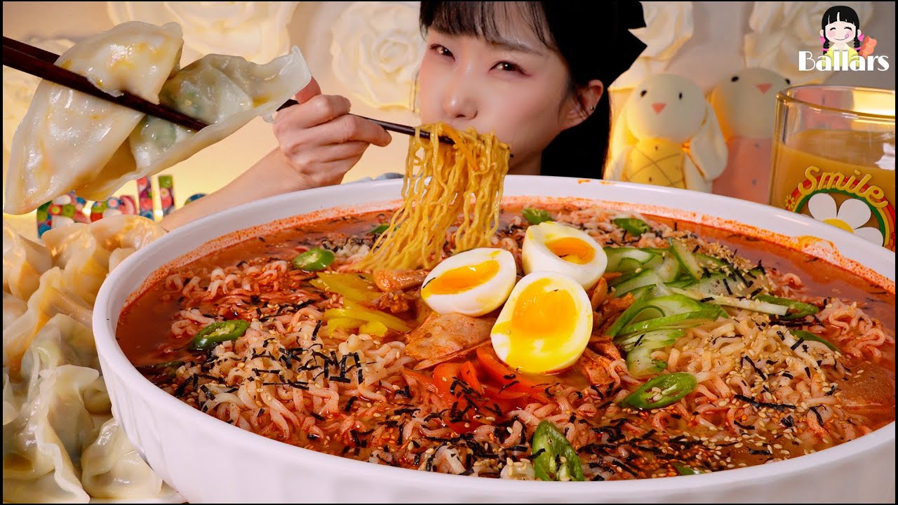 Mukbang:)❄️Spciy Budak Cold Ramen & Dumplings Mukbang ☆ Big Bites :: ASMR :: Eatingshow ☆