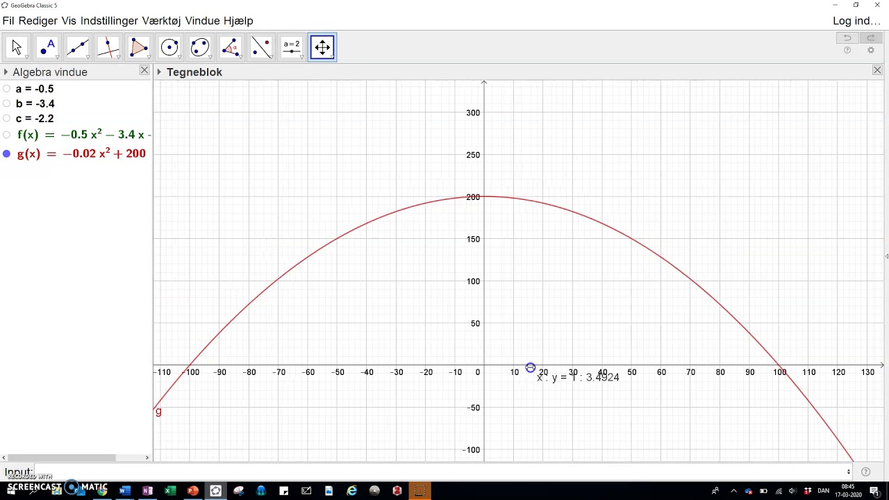 Indtegning af andengradspolynomiet i Geogebra