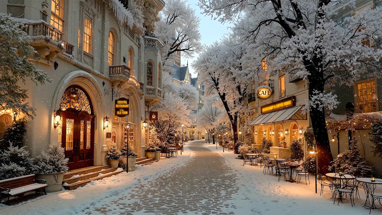 Relaxing Smooth Jazz ☕ Cozy Snowy Outdoor Café Street in an Old Town at Night | Warm Jazz Playlist
