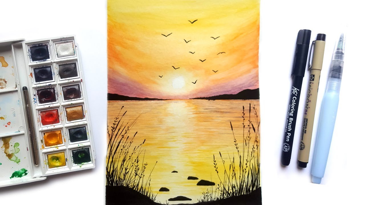 Watercolor Sunset Silhouette | Timelapse