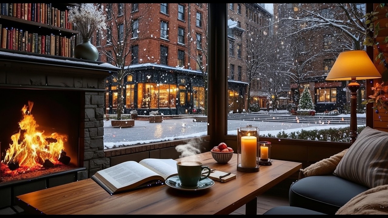 Winter Café Atmosphere ❄️ Relaxing Jazz Piano & Warm Fireplace Sounds