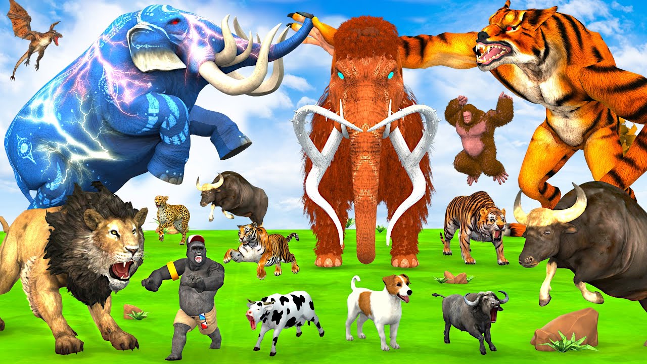 3 Giant Elephant Cow Vs 3 Hybrid Tiger Indian Bison Vs 5 Giant Lion Bull Cow Saved By Woolly Mammoth