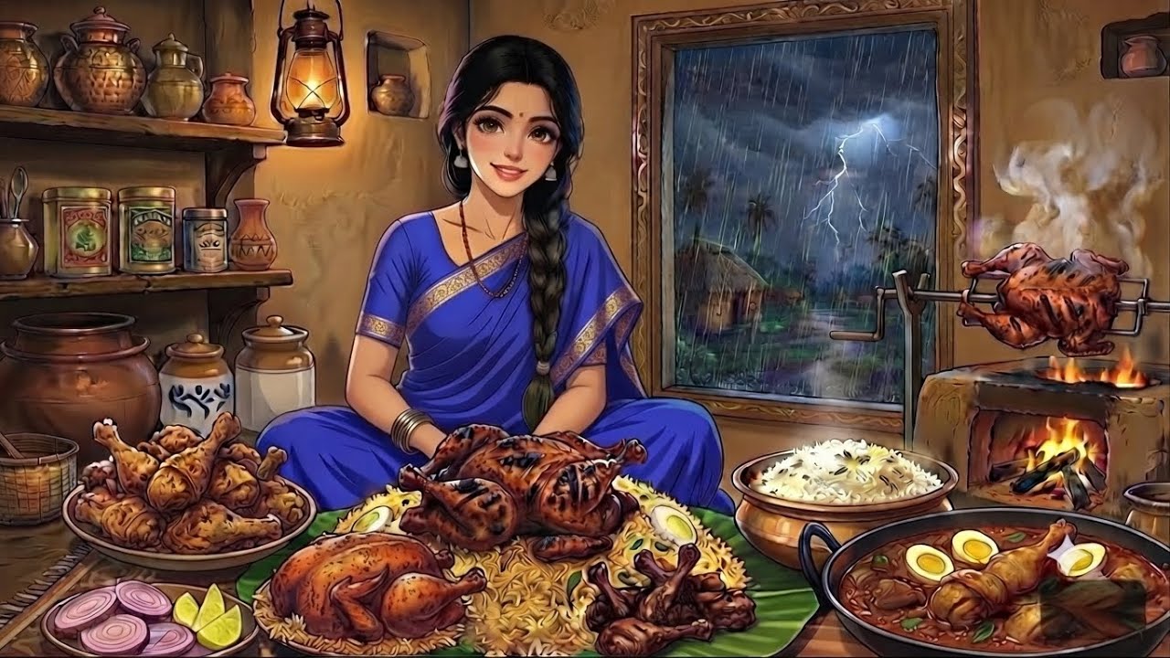 🌧️1990s Rainy Indian Village Life | Ghibli Village | Chicken Curry, Grilled Chicken & Mandi Biryani