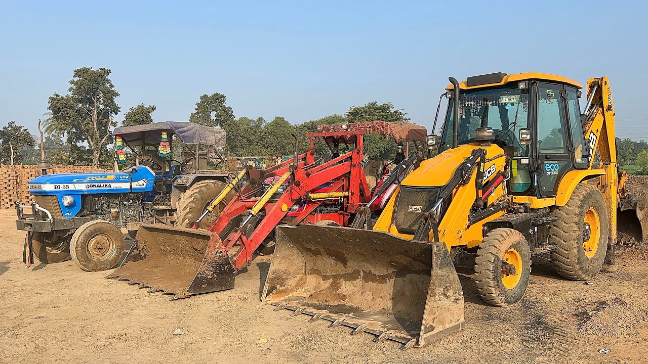 Jcb 3dx Xpert and Mahindra Arjun 605 Loader Loading Mud Tractors | Sonalika Di-55
