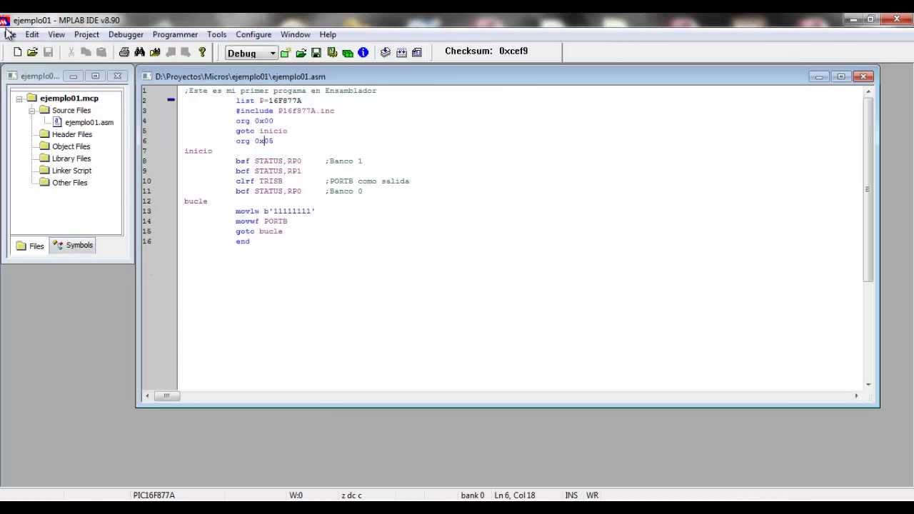 Creación de un Proyecto en MPLAB IDE 8.90 de Microchip usando el PIC16F877A