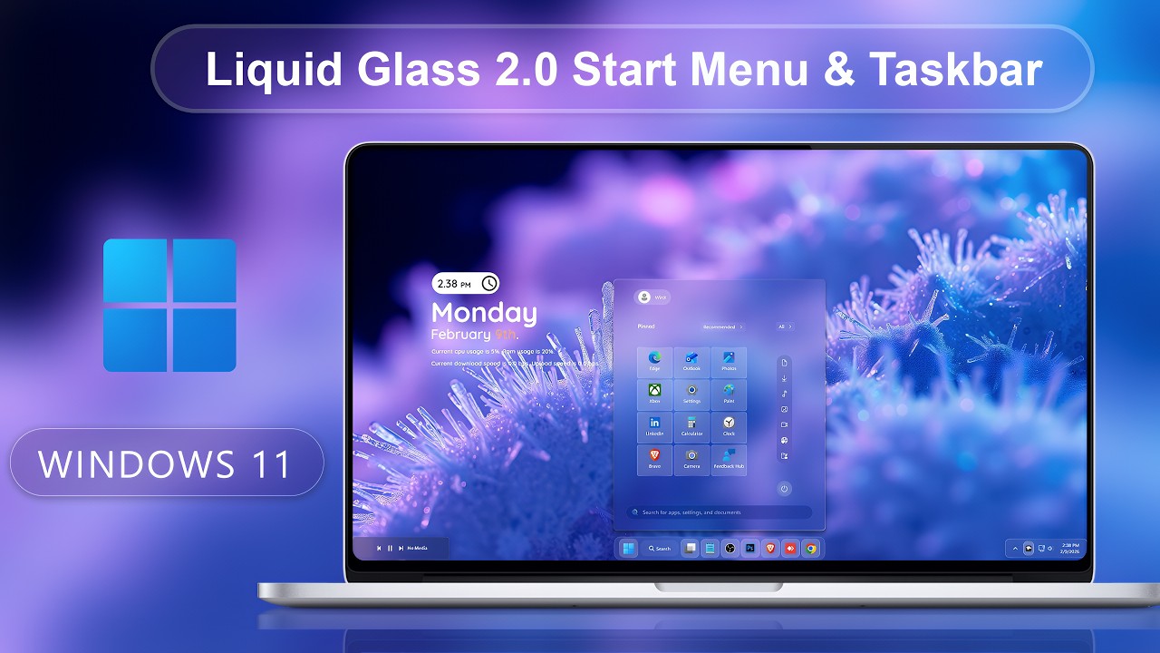 Liquid ( Frost ) Glass 2.0  Start Menu & Taskbar Customization For Windows 11 Using Windhawk Tool