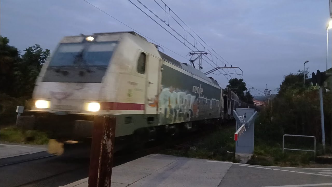 Cruce de un tren de Renfe Cercanías 447 y un tren de Renfe Mercancías 253 portacoches por Renedo.