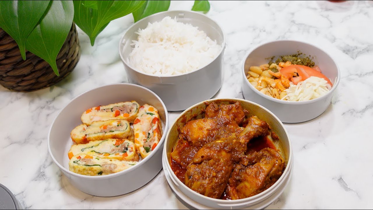 Lunch box(2)- Burmese lunch box for my hubby | Chicken Kalal chat, egg roll and laphet thoke.
