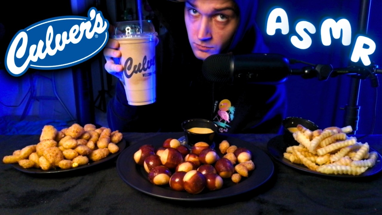 ASMR Eating Culver's Cheesy Crinkle Fries, Pretzel Bites, Cheese Curds & Chocolate Shake Mukbang