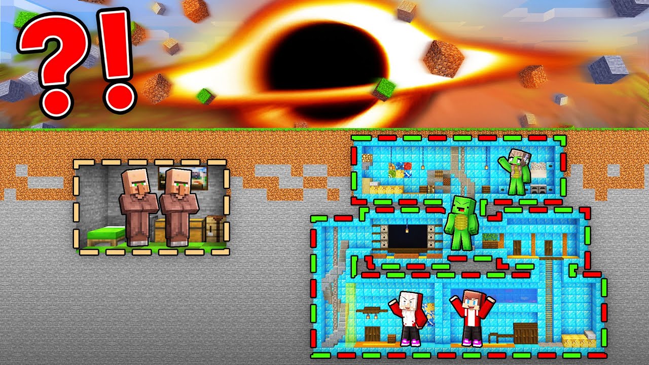 Villagers TINY & JJ and Mikey GIANT Family Bunker vs BLACK HOLE in Minecraft (Maizen)
