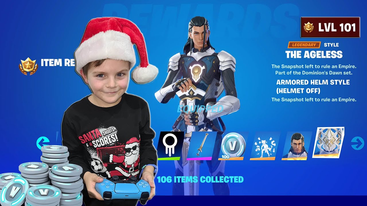 Giving My 9 Year Old Kid 13,500 V-Bucks To Unlock Tier 100 New Season Battle Pass Skin THE AGELESS