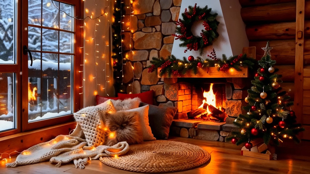 Relaxing Holiday Fireplace Ambience 🔥 Christmas Room Snowfall Window ❄️