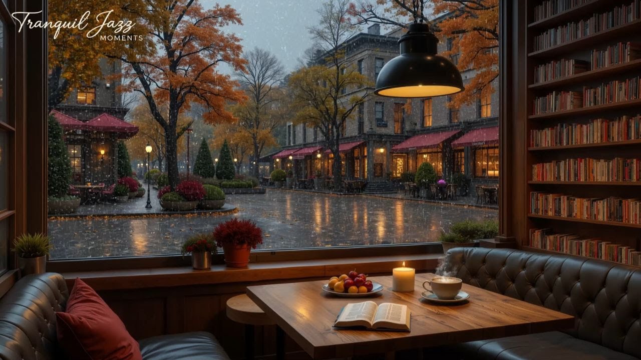 Ciepła Jesienna Przestrzeń Jazzowa w Kawiarni 🍂 Uspokajający Jazz i Dźwięki Deszczu
