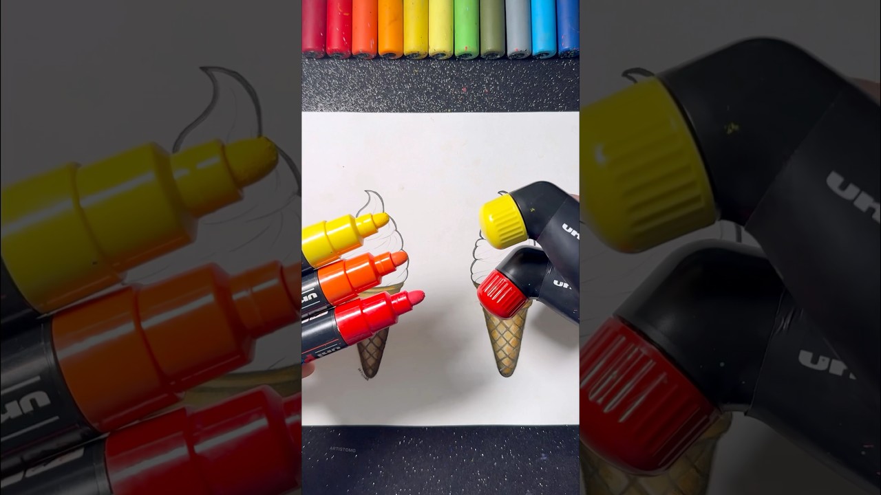 Ice Creams with Different Paint Markers! 🎨✨🤩 Warm Colors! 🔥 #funnyart #shorts #icecream