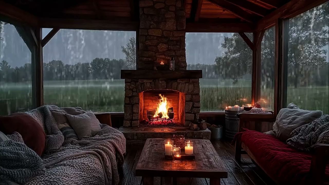 Rain and Fireplace Sound in a Cozy Room with Large Window Overlooking Green Meadow for Sleep & Study