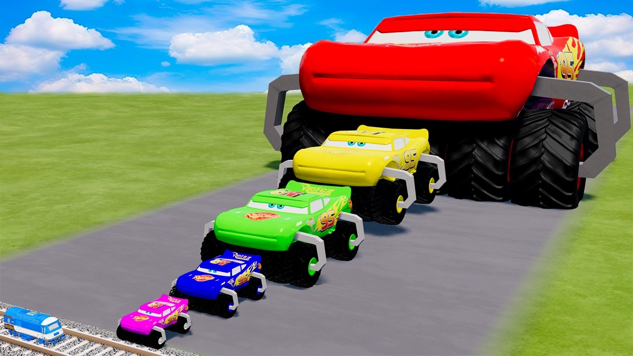 Big & Small Monster Lightning McQueen vs Trains, Containers & Obstacles | BeamNG.drive