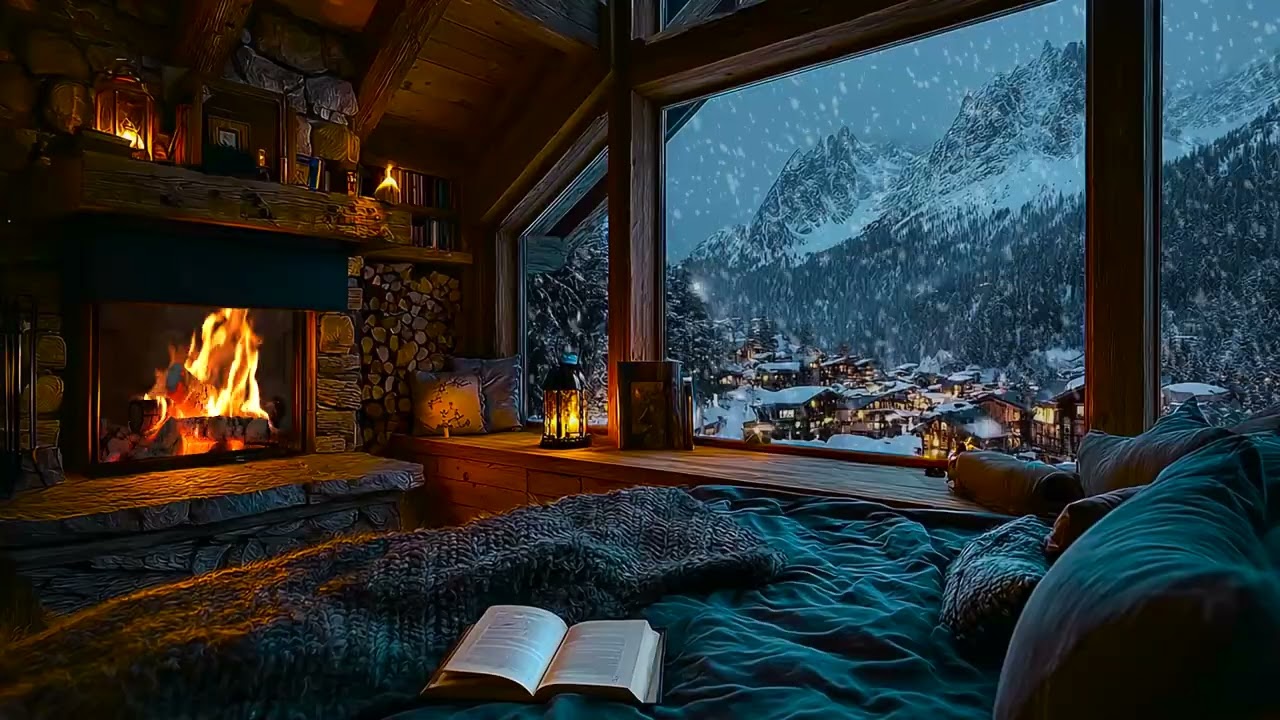 Quiet Winter Cabin Ambience with Fireplace Sounds and Soft Snowfall for Deep Sleep ang Calm