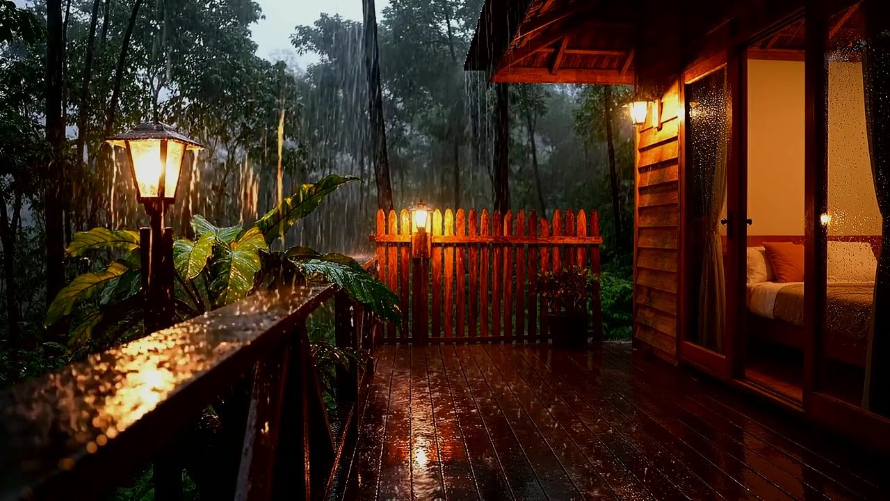 Heavy Rain at Night Sounds for Sleeping and Stress Relief - Balcony Rain