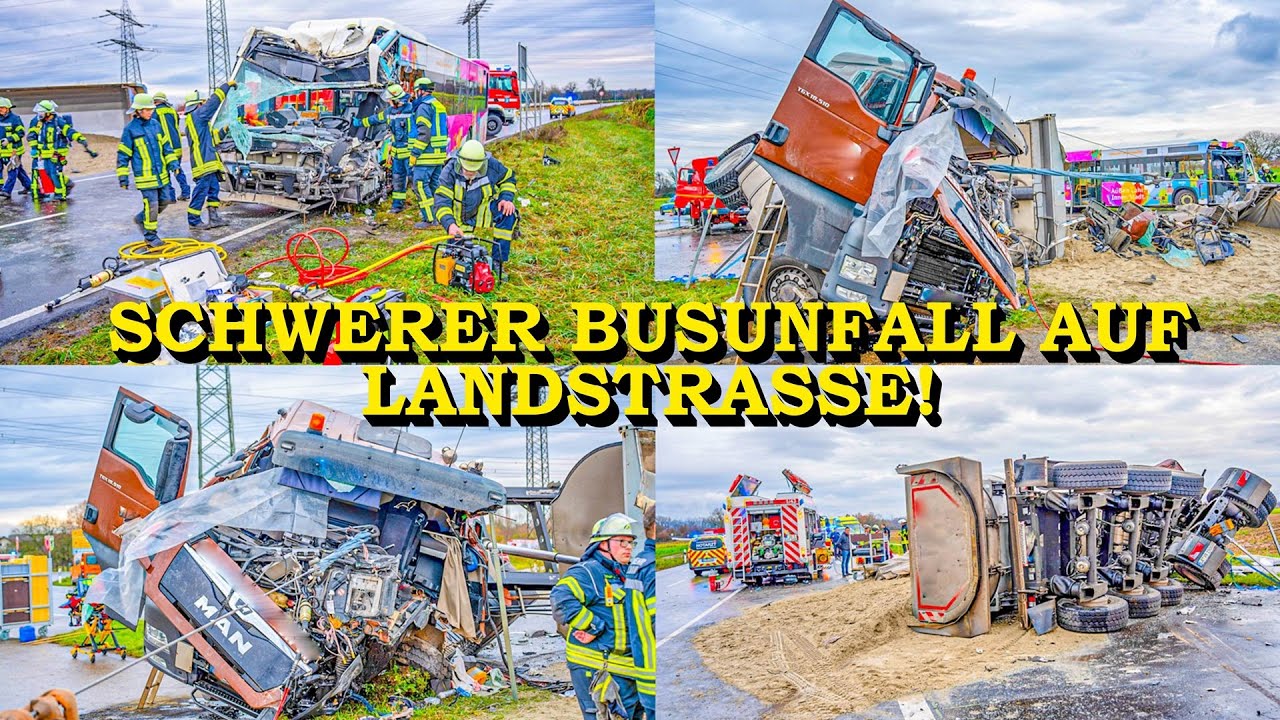 [SCHWERER BUSUNFALL AUF LANDSTRASSE] - LASTWAGEN KRACHT FRONTAL IN BUS - | 2 EINGEKLEMMTE PERSONEN