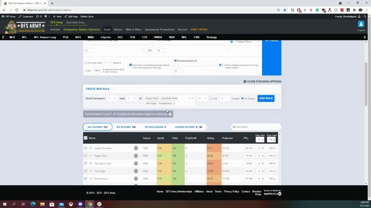 DFS Army Domination Station Optimizer - Player Combination Rules Tutorial