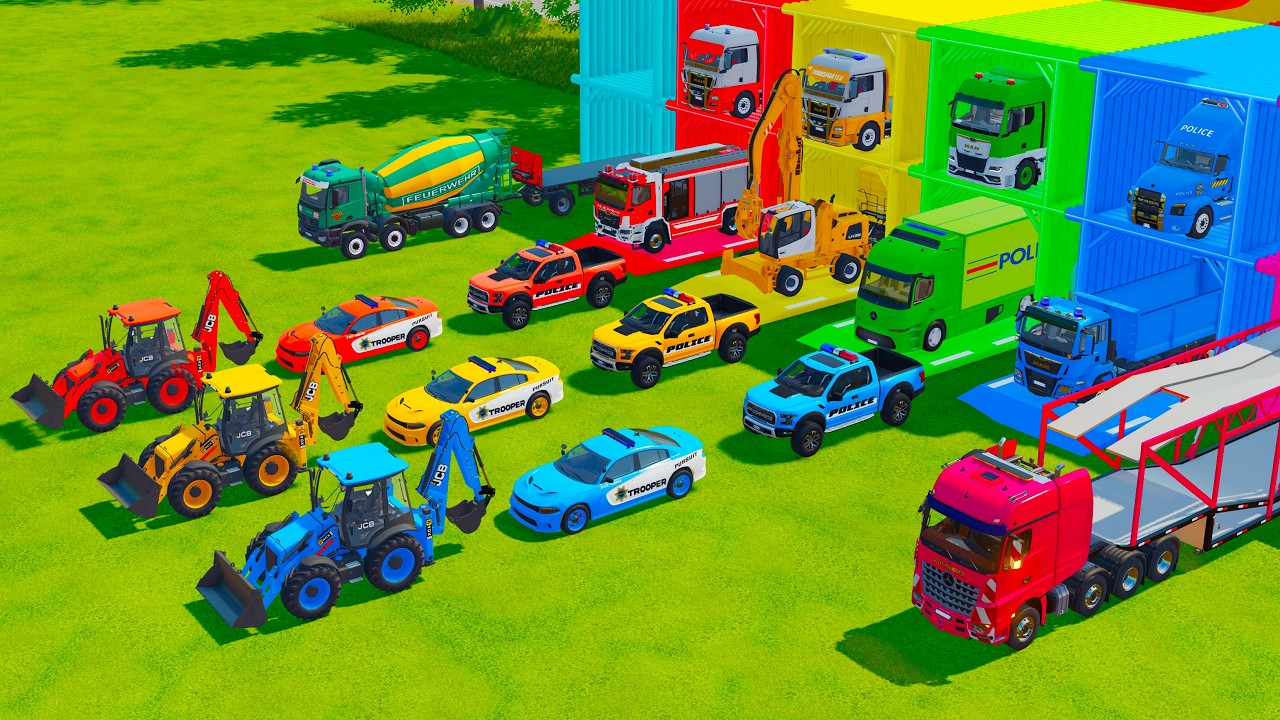 TRANSPORTING EMERGENCY VEHICLES, FIRE ENGINE, BACKHOE LAODER, EXCAVATOR, TIPPER TRUCK - FS22
