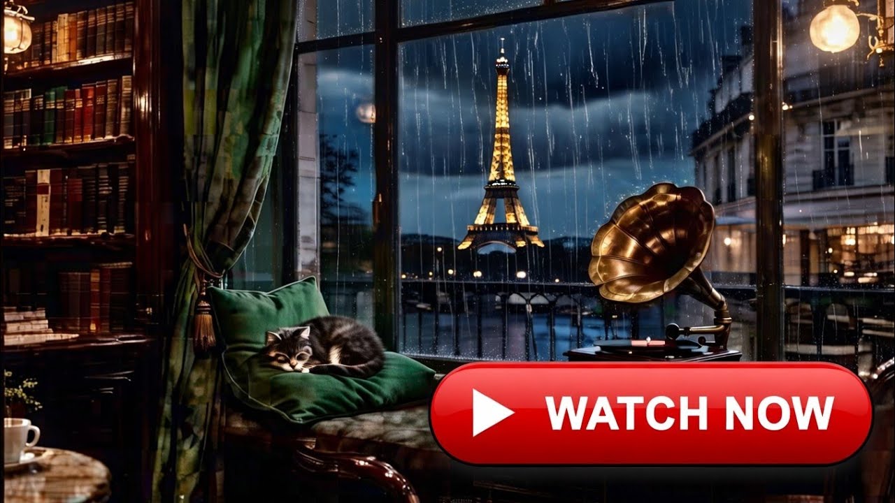 Rain on Window Paris Café 🌧️ Sleeping Cat + Gentle Guitar ASMR Rain Sounds for Sleeping 8 Hours