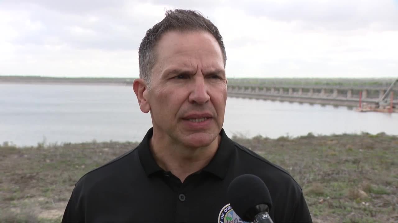 Zanoni at Wesley Seale Dam announcing Lake Corpus Christi is below 10%