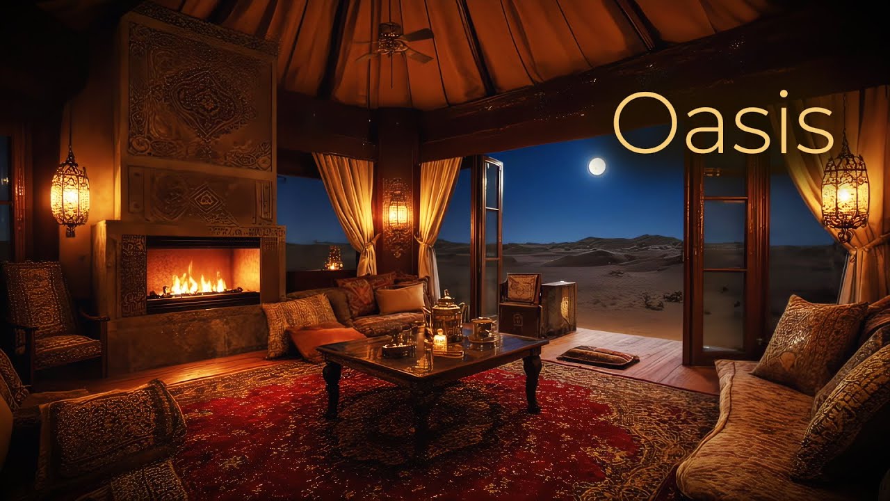 OASIS🌙🏜️ Desert Oasis Cozy Cabin Ambience (Relaxing Music + Wind + Fire Crackling) (2 Hours)