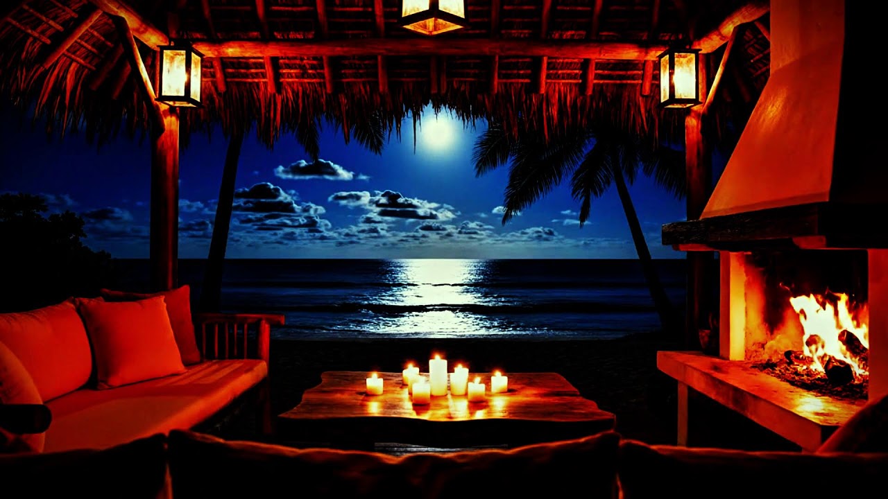 A Hidden Tropical Paradise at Night 🌊 Fireplace Ambience