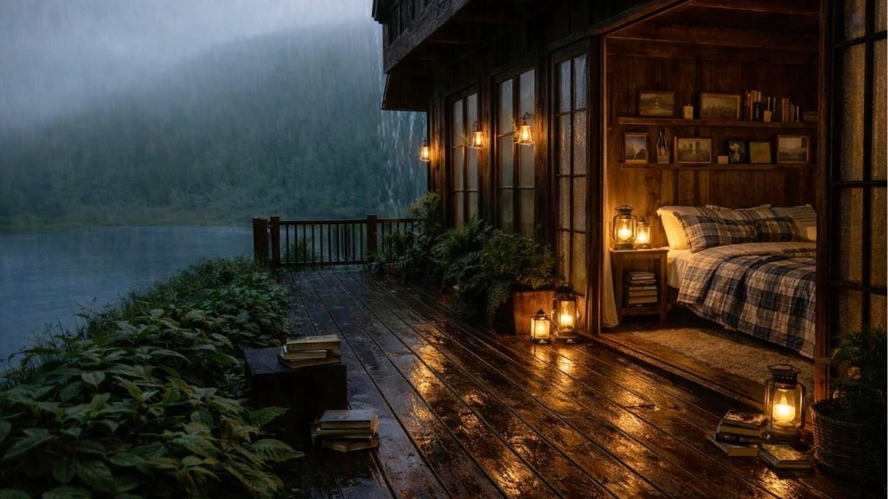 Cozy Cabin Thunderstorm 🌩️ Heavy Rain on Wet Wooden Deck | Deep Sleep & Relaxation I 3 Hours