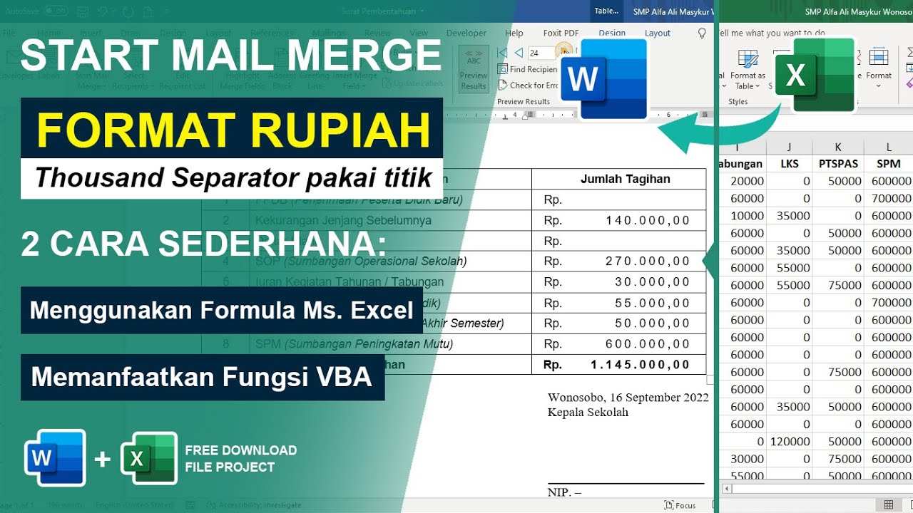 Cara Format Angka Mata Uang Rupiah Mail Merge Ms. Word - Ms. Excel, Pemisah Ribuan Titik bukan Koma