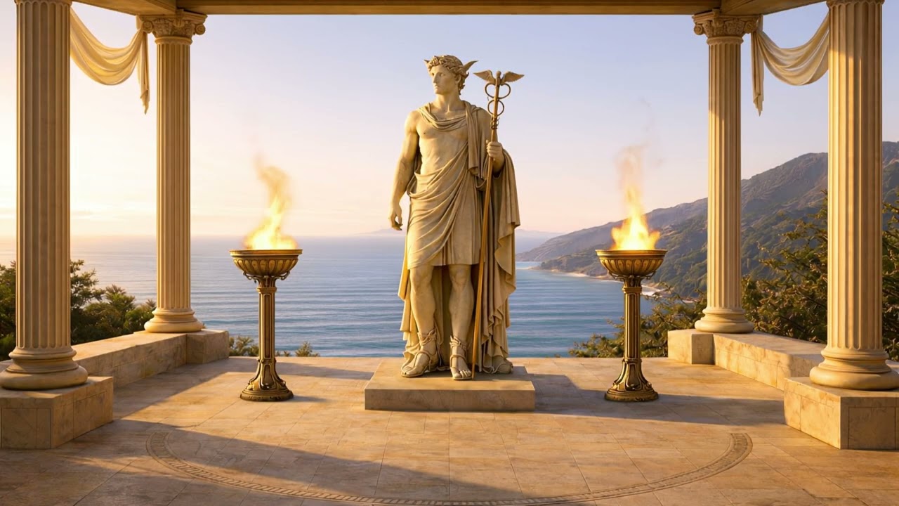 🔥🌅 Golden Morning Fireplace | Hermes at the Seaside Temple | Greek Ambience (1 Hour)