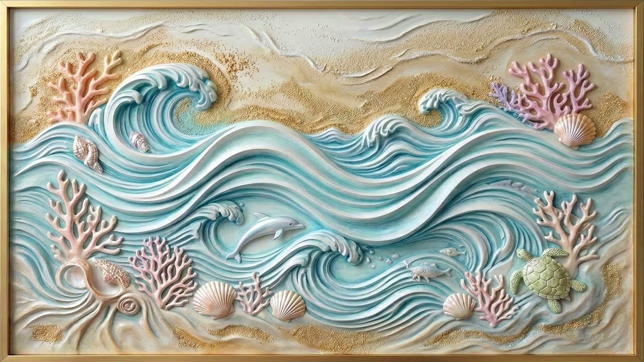 4K Ocean Wave Relief Art for Frame TV | 3D Sea Waves Coral & Sand Texture Wall Art (No Music.)
