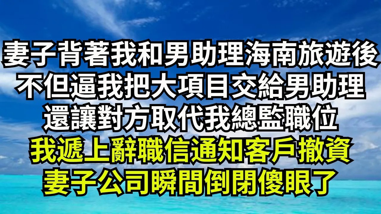 【清風與你】妻子背著我和男助理海南旅遊後，不但逼我把大項目交給男助理，還讓對方取代我總監職位，我遞上辭職信通知客戶撤資，妻子公司瞬間倒閉傻眼了#激情故事#大彬情感#夢雅故事#小說#爽文