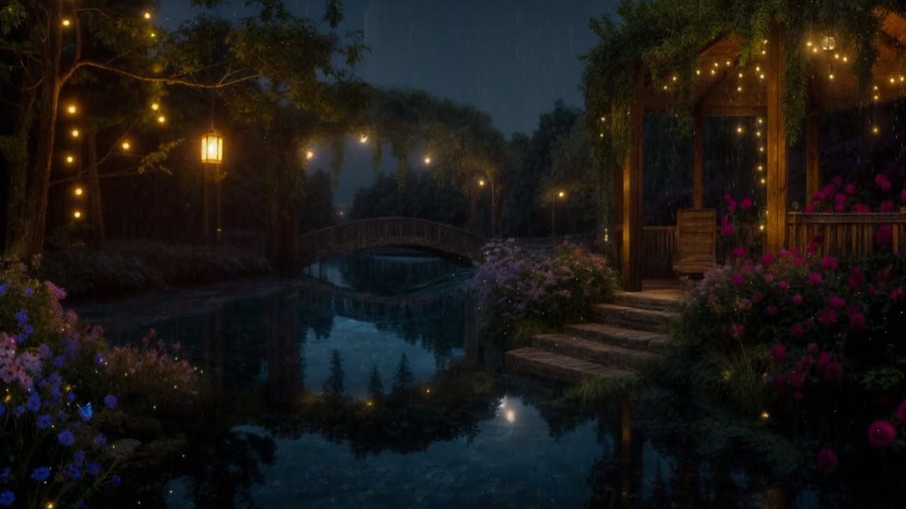 Rainlit Garden at Night 🌧️ Golden Lanterns by the Water | Peaceful Ambience for Sleep