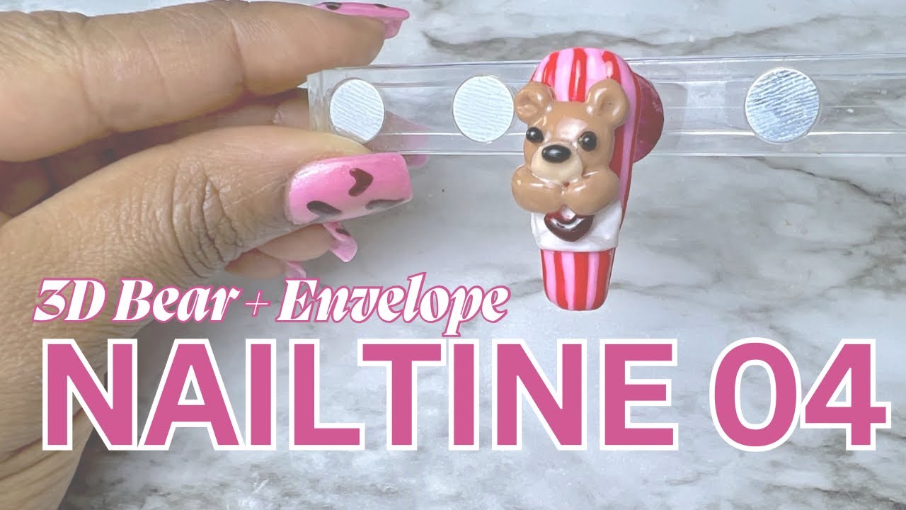 Nailtine Day 04 | 3d Teddy Bear + Envelope w/ Inflated Stripes #valentinesday