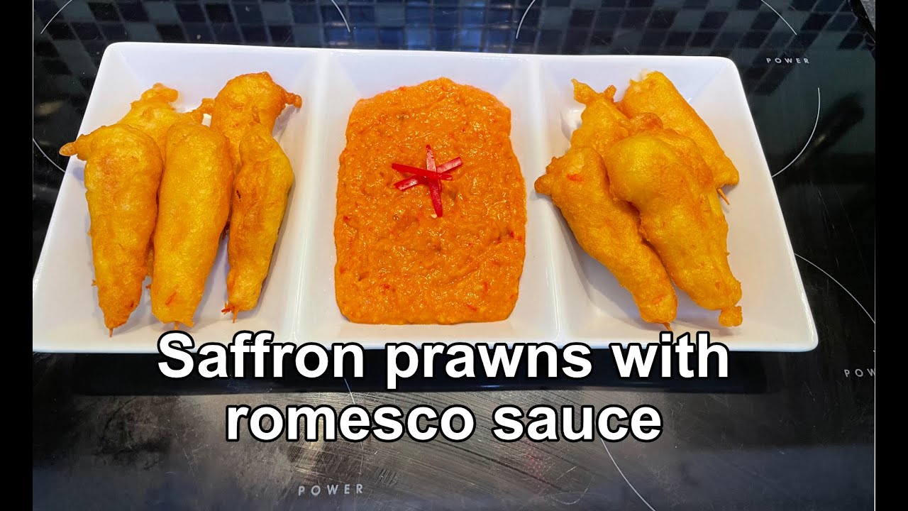 Saffron prawns with Romesco sauce.