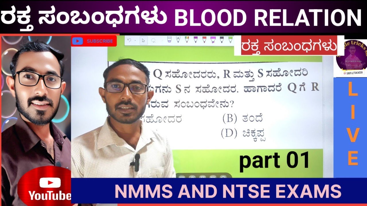 ರಕ್ತ ಸಂಬಂಧಗಳ ಪ್ರಶ್ನೆಗಳು NMMS AND NTSE EXAMS Blood relation questions #rrb #ssc #pc #psi #nmms2025 01