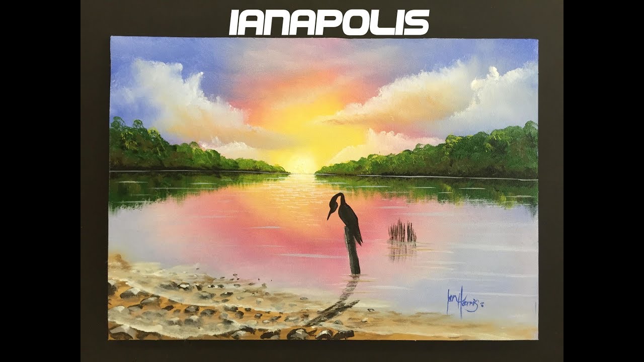 #214 How to paint a sunset lake with a water bird