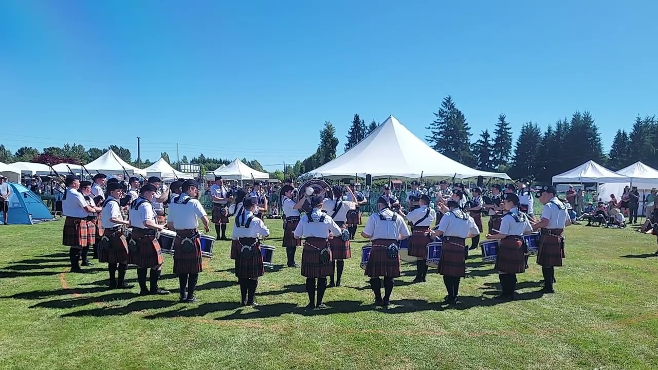 SFU Pipe Band - Drunken Landlady Medley (Drum Corps View) - Skagit Valley Highland Games 2025