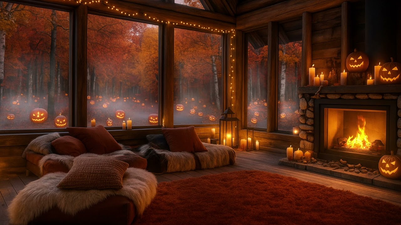 Cozy Halloween Ambience 🎃 | Relaxing Autumn Fireplace, Pumpkins & Candles