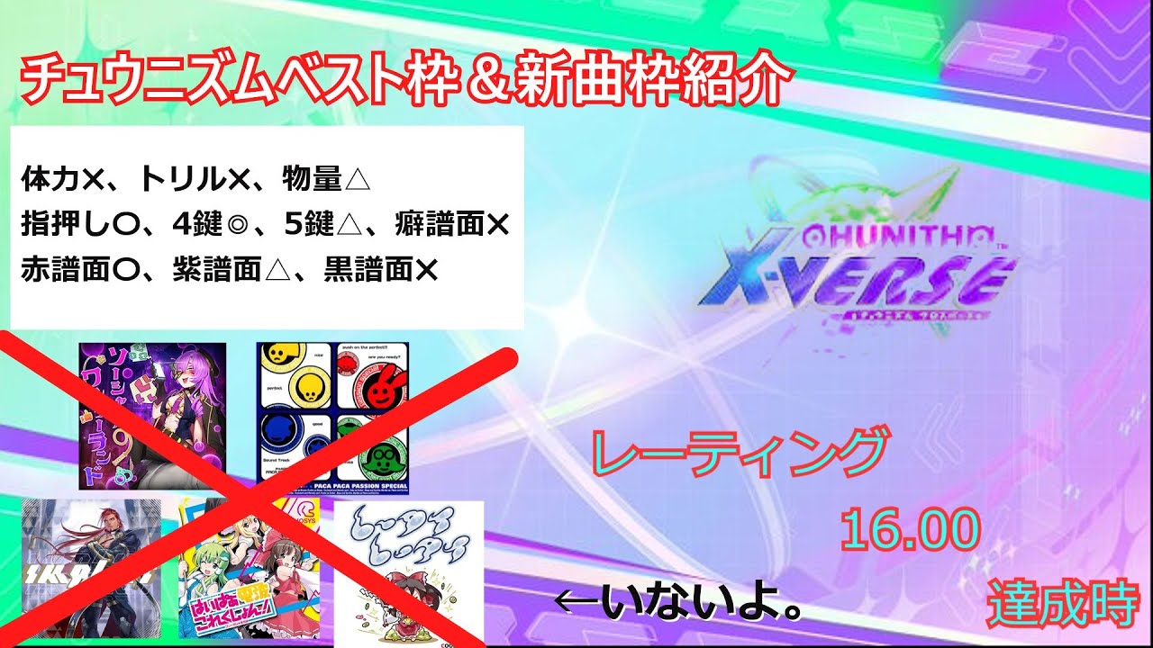 【CHUNITHM X-VERSE】[虹レ（16.00）到達時]体力無しモヤシによるチュウニズムべスト枠＆新曲枠紹介動画　#CHUNITHM  #チュウニズム